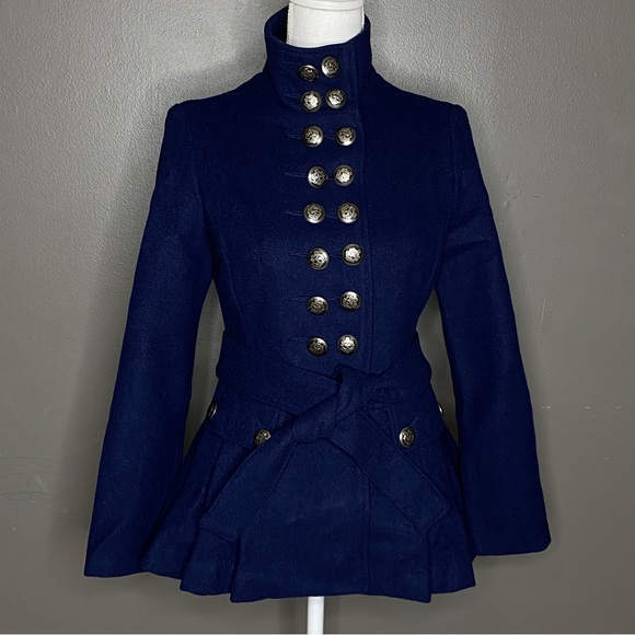 Free People Blue Peplum Military Style Pea Coat Jacket Wool Size 4 - Picture 2 of 16